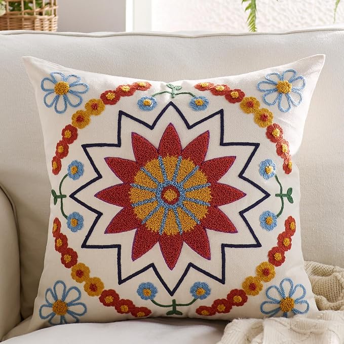 Embroidered Throw Pillow Cover 22x22 Classic Boho Floral Pattern Pillows Cover by Unknown