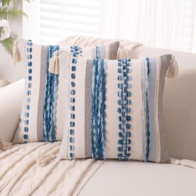 Boho Throw Pillow Covers 18x18 Set of 2 Woven Tufted Farmhouse Pillows Cover by Unknown