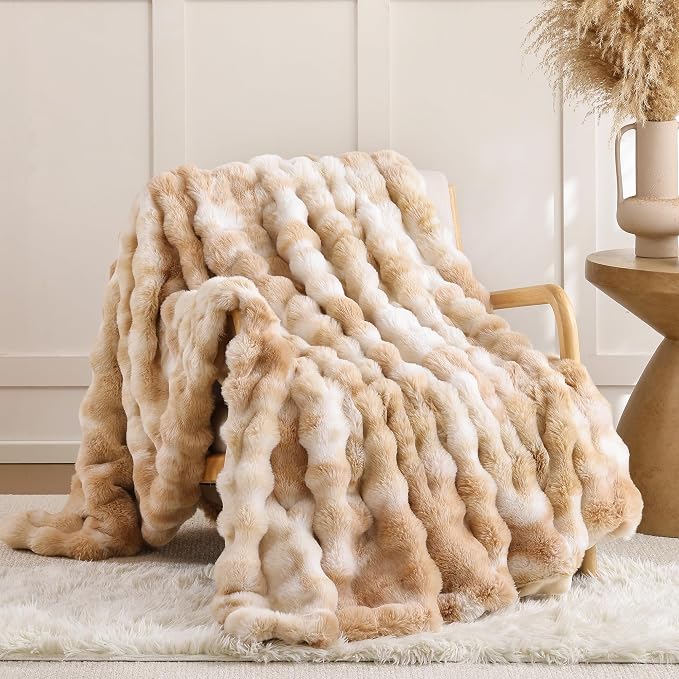 Smoofy Faux Fur Throw Blanket for Couch – Tie-dye Camel Fluffy Cozy Rabbit by SMOOFY