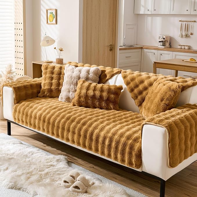 Faux Fur Couch Cover Fuzzy Soft Plush Thick Bubble Sofa Cover Luxury Sectional - Image 3