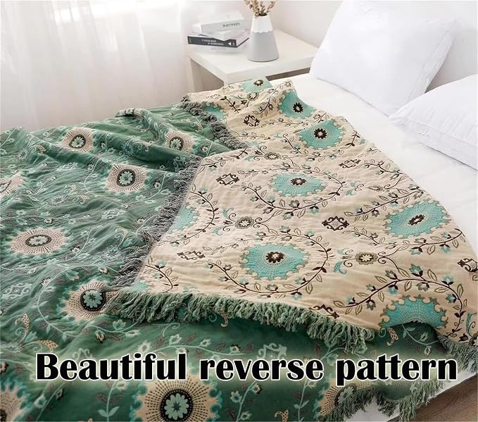 MSGKV Green Boho Throw Blanket for Bed Couch, 100% Cotton Mexican Picnic - Image 4