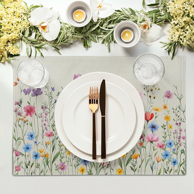 Giwawa 4PCs Spring Floral Placemats Summer Wildflowers Place Mat 12x18 Inch - Image 3