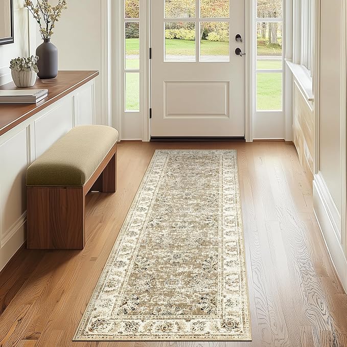 jinchan Fiora Runner Rug 2x6 Machine Washable Hallway Rug Taupe Vintage Floral by JINCHAN