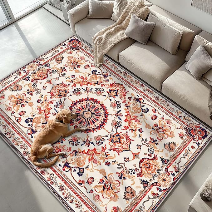 6x9 Traditional Oriental Area Rug Boho Orange White Rug Non Slip Low Pile Large by Unknown