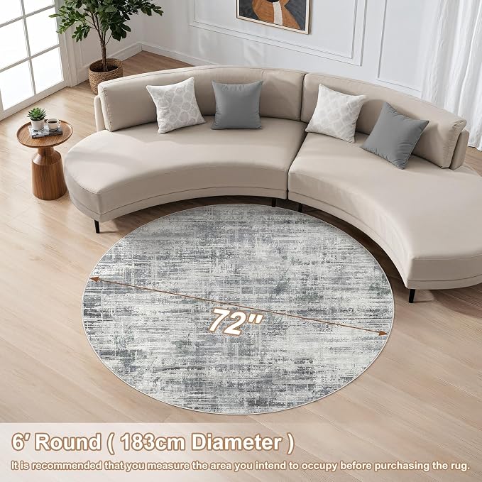 6ft Round Area Rug for Living Room: 6x6 Washable Neutral Abstract Modern Soft - Image 4