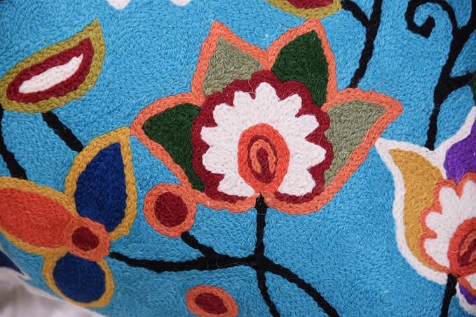 Turquoise Floral Pillow Cover Modern Flower Pillowcase Floral Hand Embroidered - Image 6