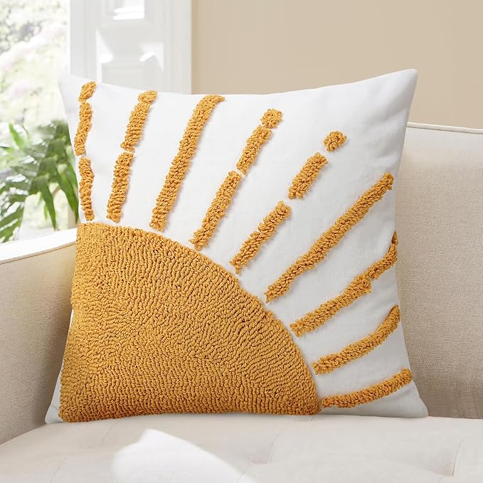 Adabana Boho Decorative Yellow Throw Pillow Covers 18x18, Tufted Sun Pillow by Adabana