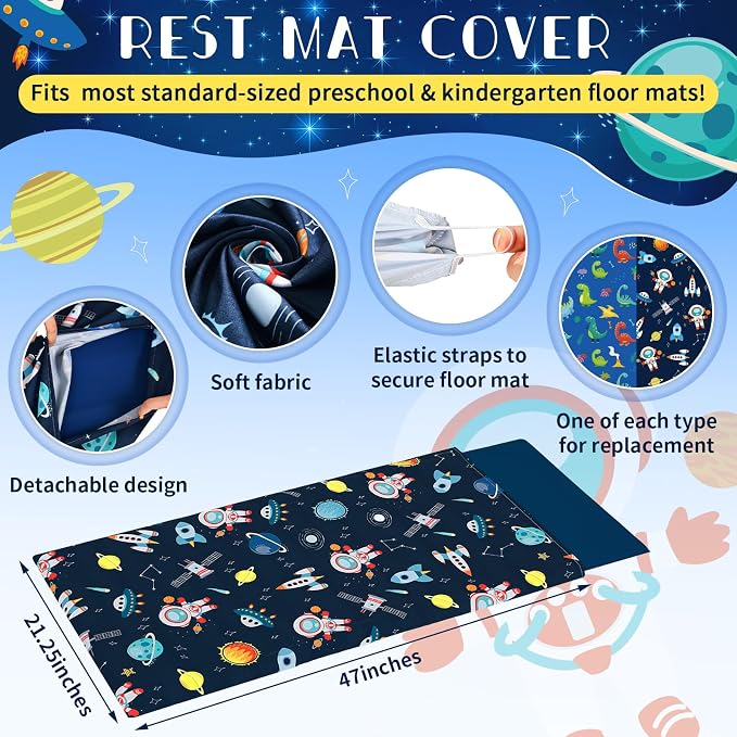 2 Pcs Dinosaurs Nap Mat Cover for Boys Girls Sewn in Flap Design Blue Sleeping - Image 2