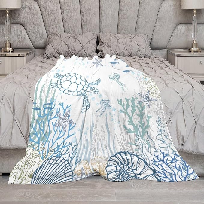 Nautical Turtle Throw Blanket, Coastal Sea Ocean Theme Coral Starfish Seashell - Image 7