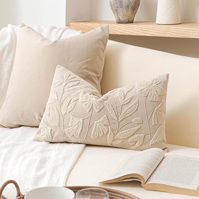 BlissBlush Light Beige Soft Velvet Decorative Accent Lumbar Throw Pillow Cover by BlissBlush