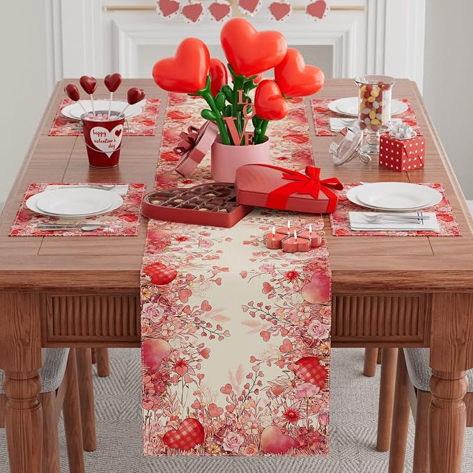 XCHI Wild Flowers Love Hearts Valentine’s Day Table Runner Table Decoration - Image 2