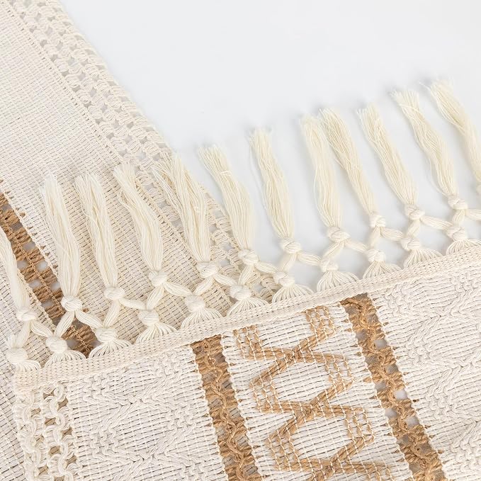 Boho Table Runner with Tassels, Woven Cream & Brown Macrame Runner Pottery Barn - Image 4