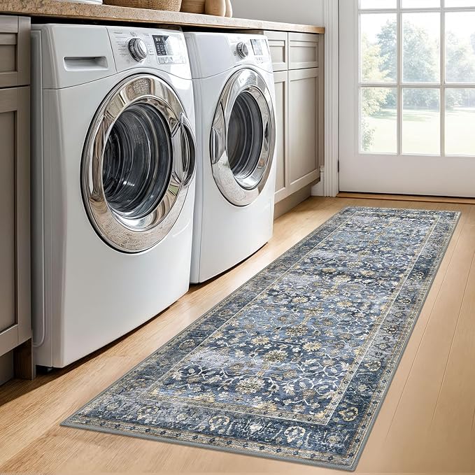 KUTA Vintage Washable Runner Rug, 2x6 Blue Grey Beige Runners - Image 3