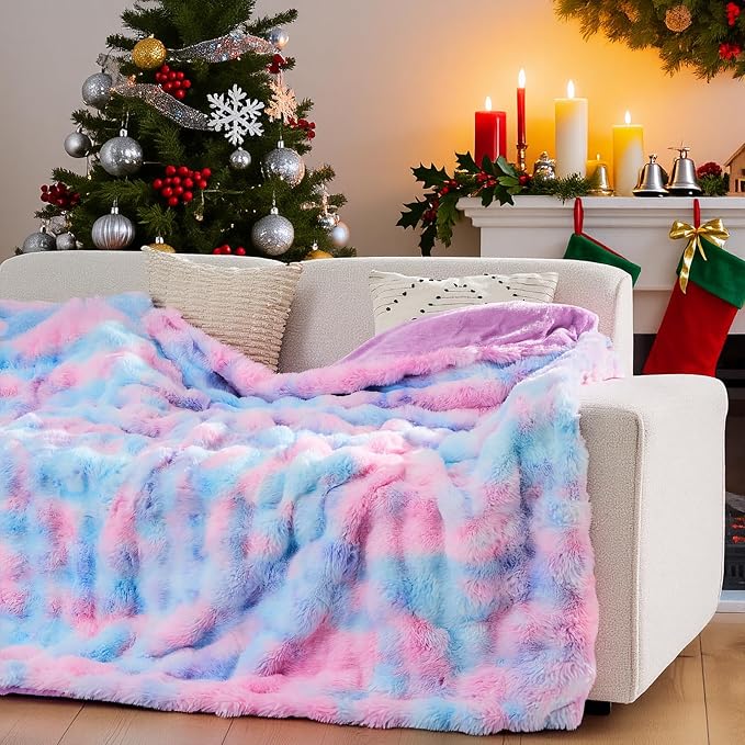 Lotus Karen Faux Fur Throw Blanket Tie-Dye Purple Rainbow - Image 2