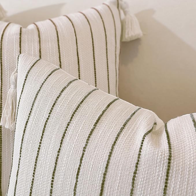 Boho Throw Pillow Covers 20x20 Inch Set of 2, Textured Linen Striped Square - Image 5