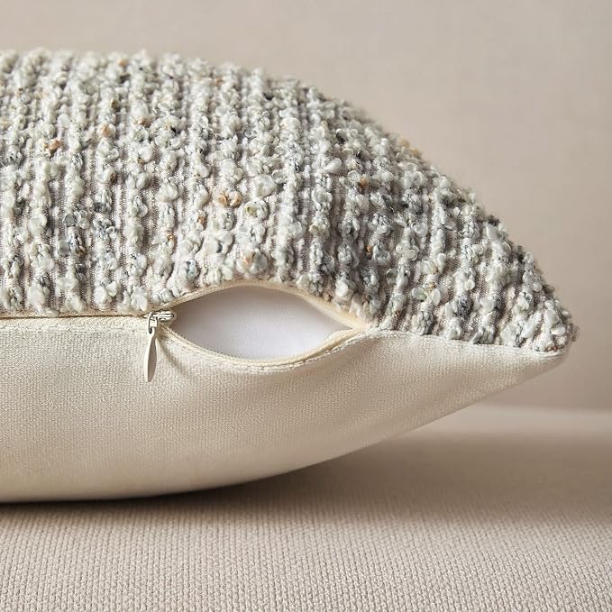 Decorative Couch Throw Pillow Covers 22x22 Cream Gray Striped Soft Wool Pillow - Image 2