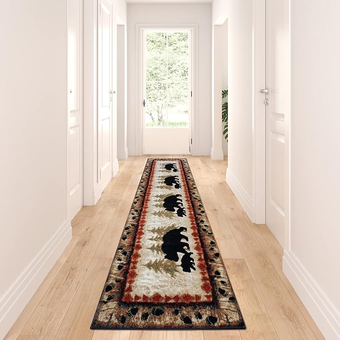 Masada Rugs, Cabin Lodge Area Rug Bear and Cub Scene Runner by MasadaRugs