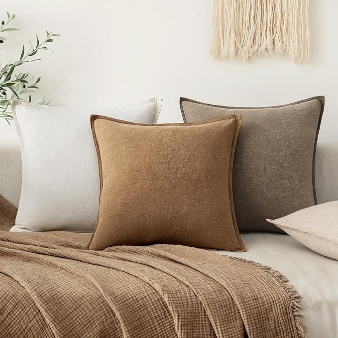 EMEMA Decorative Linen Throw Pillow Covers 24x24 Inch Brown Boho Farmhouse - Image 9