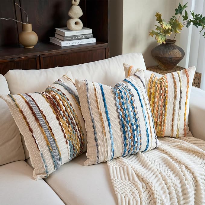 Aeckself Boho Pillow Covers 18x18 Inch Set of 2, Farmhouse Decorative Striped - Image 6