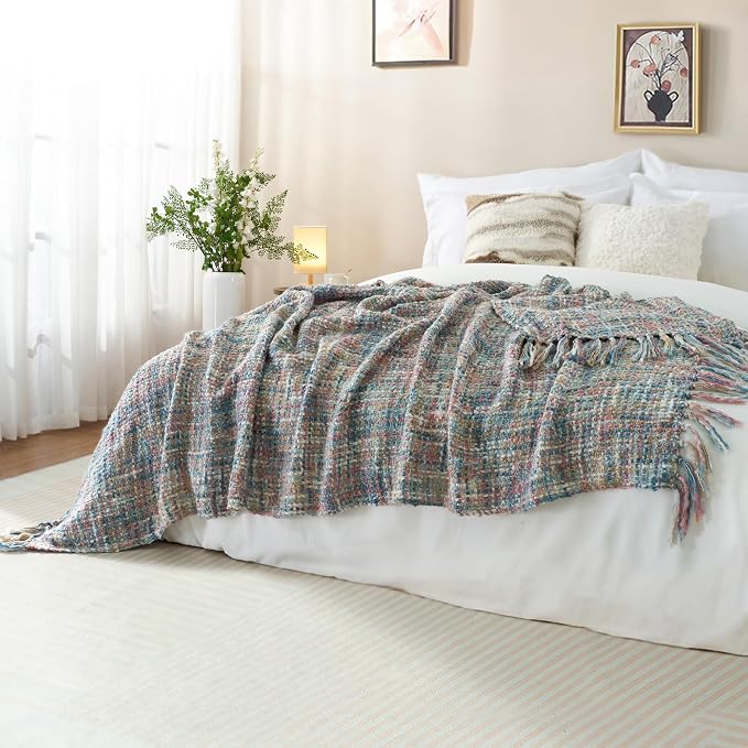 Multi-Color Pink Blue Cable Knitted Throw Blanket - Image 5