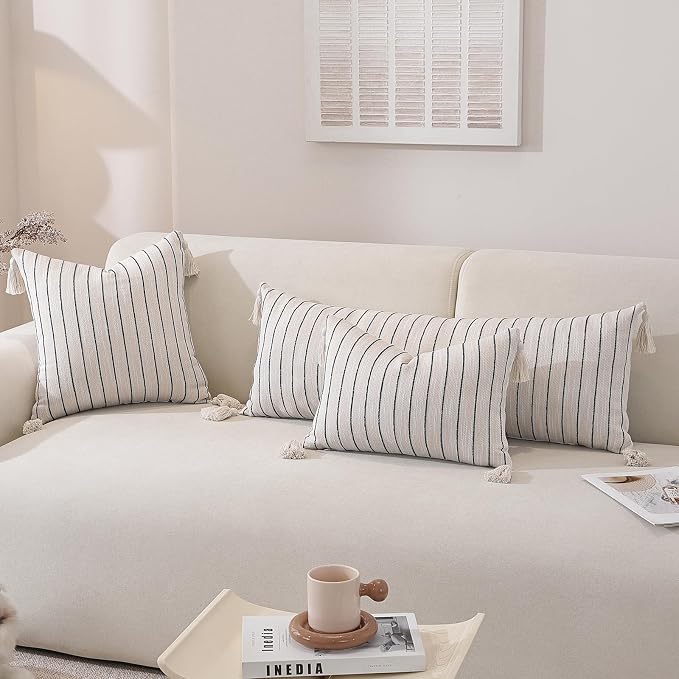 Boho Throw Pillow Covers 20x12 Inch Set of 2, Textured Linen Striped Lumbar - Image 7