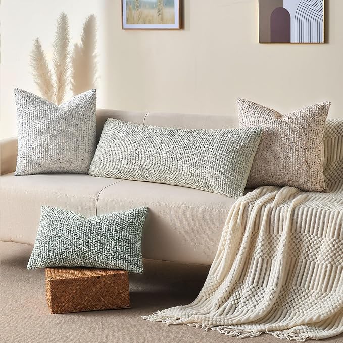 Decorative Lumbar Pillow Cover 14x36 Cream Gray Striped Wool Long Body Pillow - Image 6