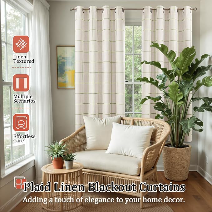 Sage Green Plaid Linen Blackout Curtains - Image 2