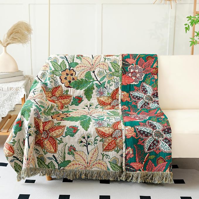 MSGKV Boho Throw Blanket for Bed Twin Size 100% Cotton Floral Blanket 60"x80" - Image 6