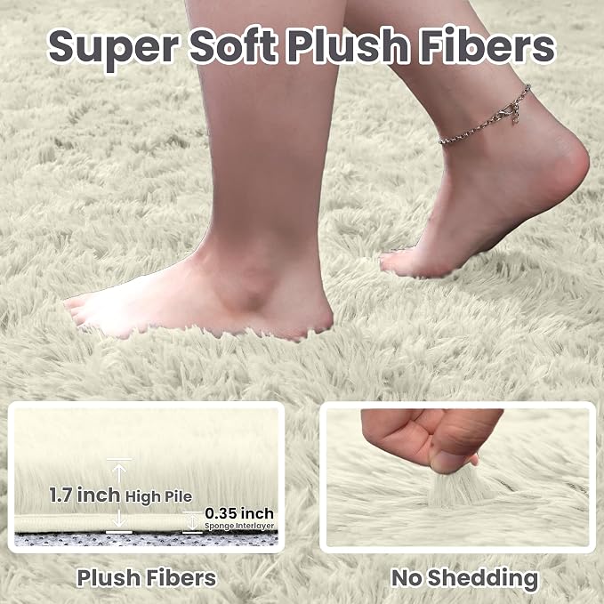 5x8 Area Rugs for Living Room: Soft Fluffy Shag Cream White Rugs for Bedroom - Image 5