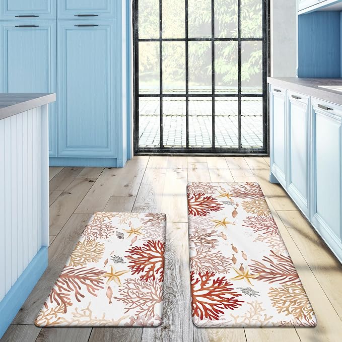 Kitchen Mats for Floor Cushioned Anti Fatigue Sets of 2 Coastal Kitchen Rugs - Image 3