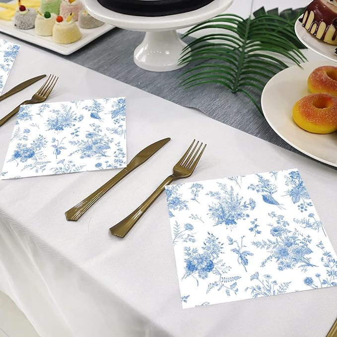 100 Pack Blue Floral Cocktail Napkins Blue and White Floral Toile Paper Napkins - Image 2