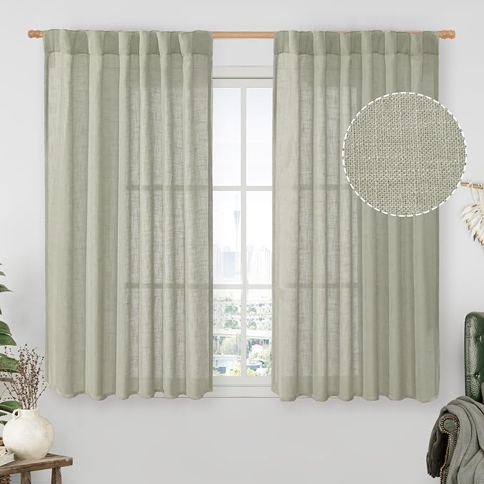 LAMIT Sage Grey Semi Sheer Linen Curtains 45 Inches Long 2 Panels, Light by LAMIT
