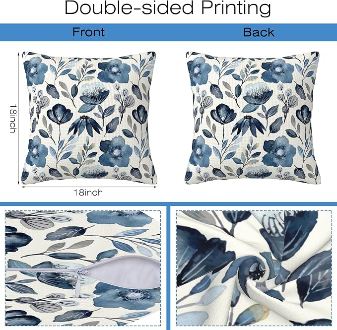 Throw Pillow Covers Blue Floral Pillow Covers 18x18 Inch Set of 2 Throw Pillows - Image 2