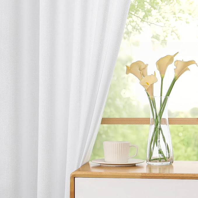 Simplebrand White Faux Linen Textured Curtains 63 Inch Length 2 Panels - Image 5