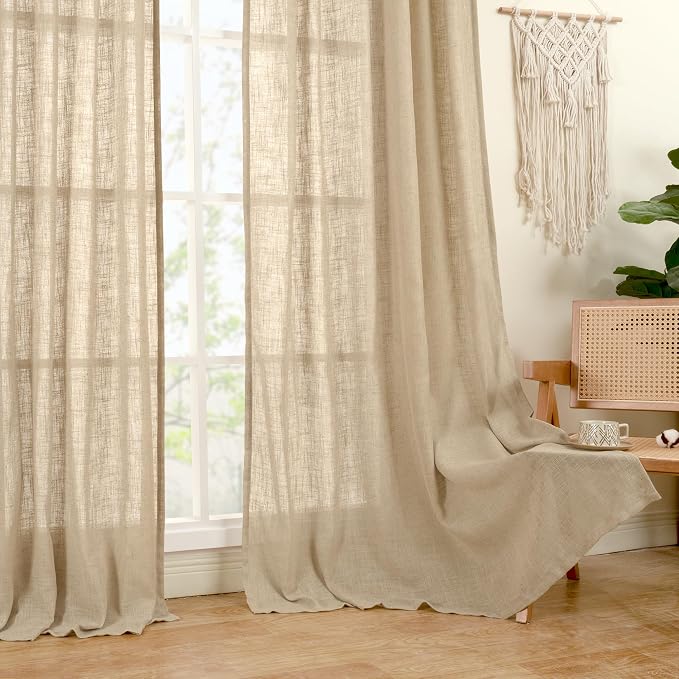 LAMIT Linen Curtains 63 Inch for Bedroom, Light Filtering Neutral Semi Sheer - Image 9