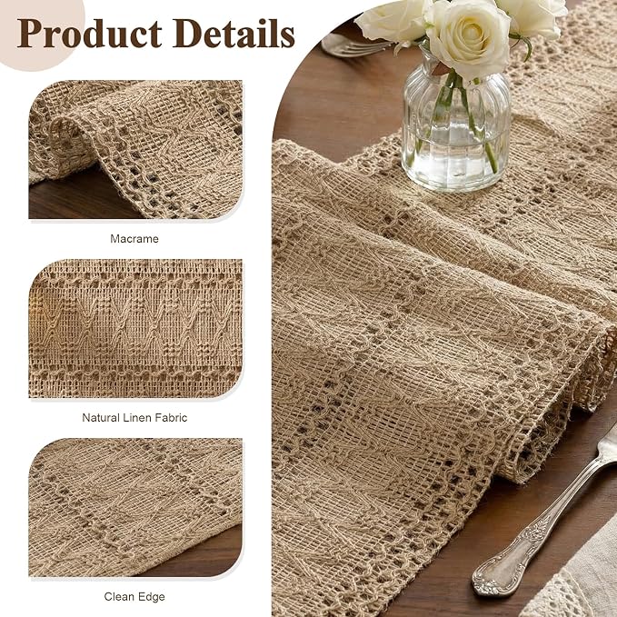 Burlap Boho Table Runner Farmhouse Rustic Jute Macrame Woven Dining Table Runner - Image 2