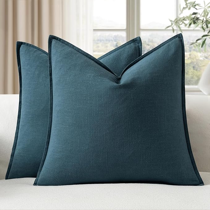 EMEMA Decorative Linen Throw Pillow Covers 18x18 Inch Navy Blue Boho Farmhouse by EMEMA