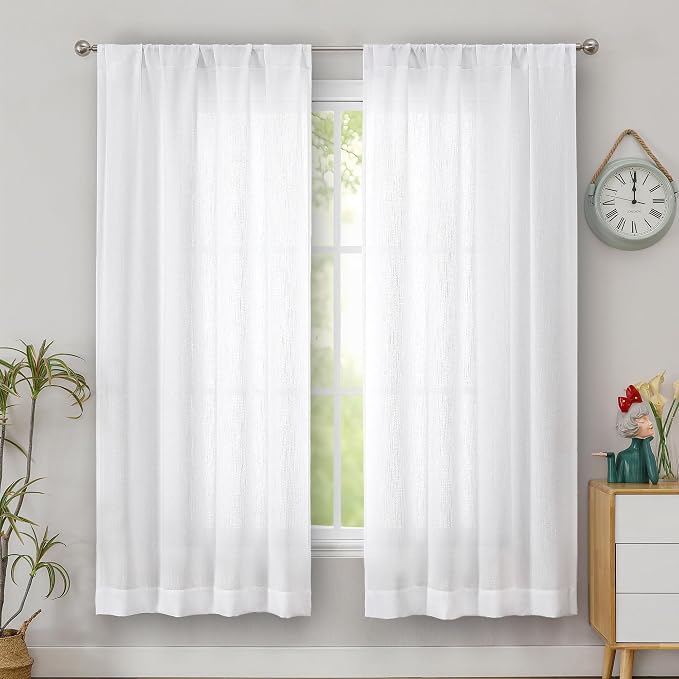 Simplebrand White Faux Linen Textured Curtains 63 Inch Length 2 Panels by Simplebrand