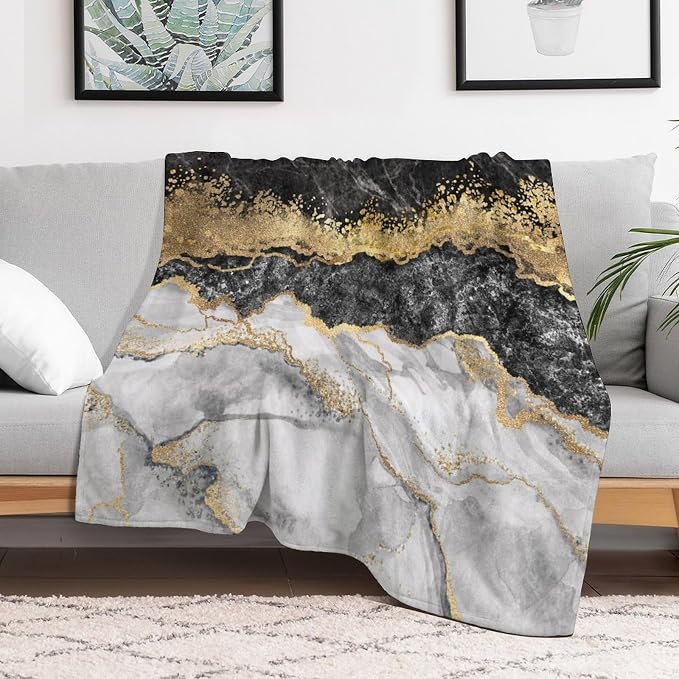 Modern Marble Blanket, Abstract Luxury Baroque Golden Black White Stone Veins - Image 6