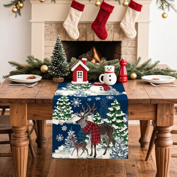 Artscope Reindeer Snowman Christmas Tree Table Runner, Xmas Winter Snowflakes - Image 2