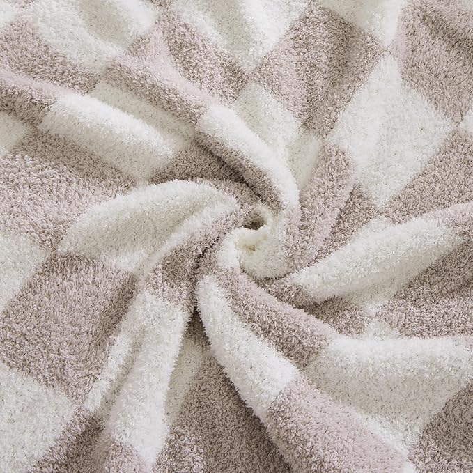 WRENSONGE Checkered Throw Blanket, Taupe Soft Cozy Fluffy Warm Hand Made Throw - Image 3