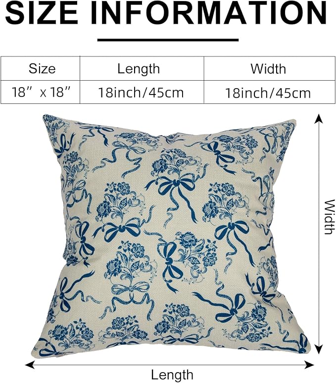 Vintage Blue Flower Pillow Cover 18x 18 Set of 2, Chinoiserie Floral Bow - Image 7