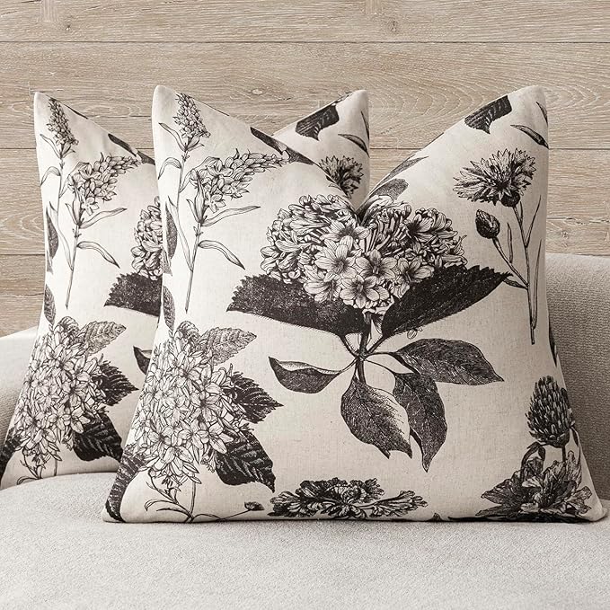Foindtower Set of 2 Linen Floral Vintage Throw Pillow Covers Neutral Accent by Foindtower