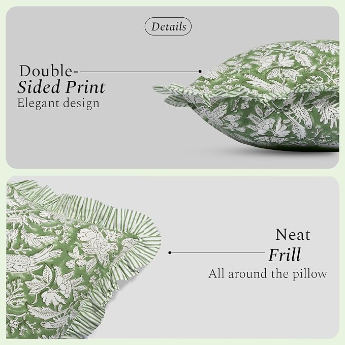 CPC Olive Green 100% Cotton Block Print Ruffle Sham Cover 20X30 inch Pack of 2 - Image 2