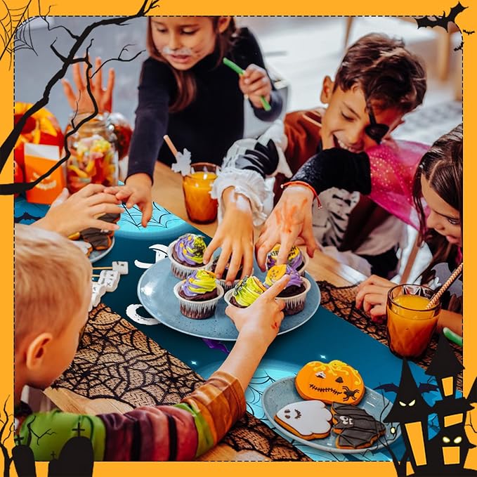 Happy Halloween Table Runner Blue Haunted House Ghost Witch Spider Web Bats - Image 3