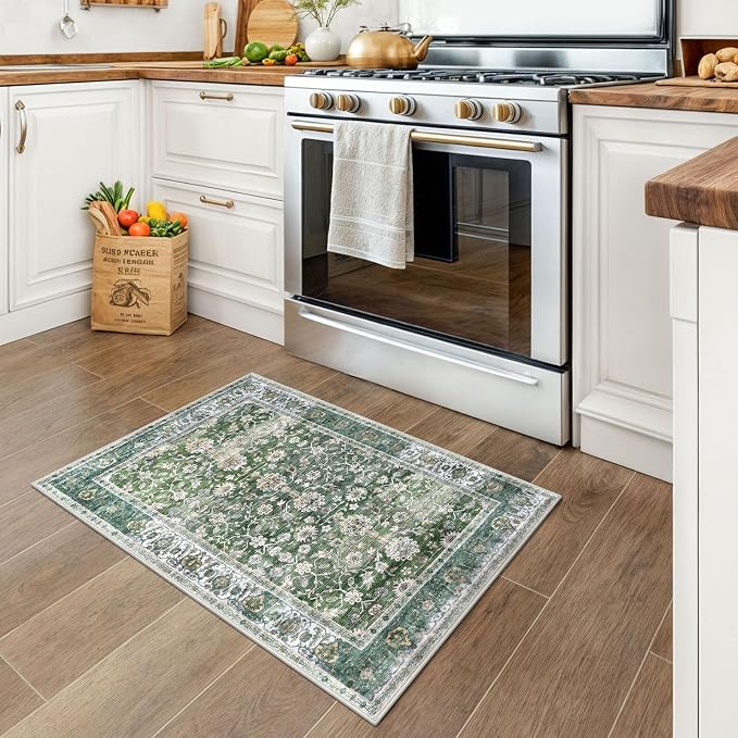 KUTA Vintage Floral Green Entryway Rug 2x3, Kitchen Rugs Non-Slip Washable - Image 2