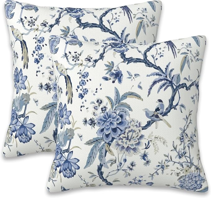Chinoiserie Throw Pillow Cover Case Blue White Flowers Throw Pillows Set of 2 by Naqiuli