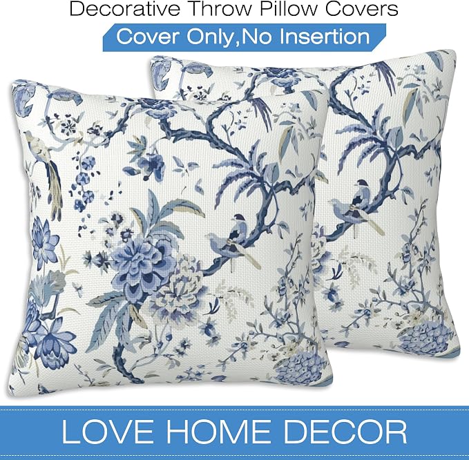 Chinoiserie Throw Pillow Cover Case Blue White Flowers Throw Pillows Set of 2 - Image 3