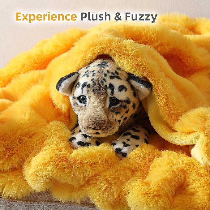 Smoofy Faux Fur Throw Blanket for Couch – Mustard Yellow Fluffy Cozy Rabbit - Image 7