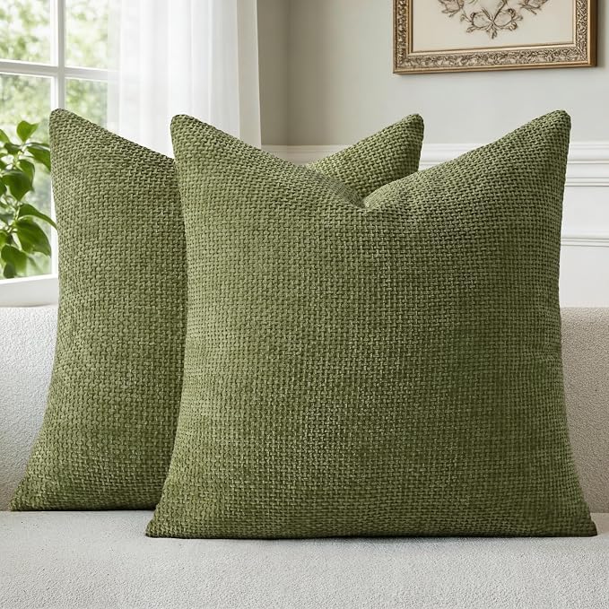 a moment Olive Green Chenille Throw Pillow Covers 18x18 Inch Pack of 2 Modern by amoment